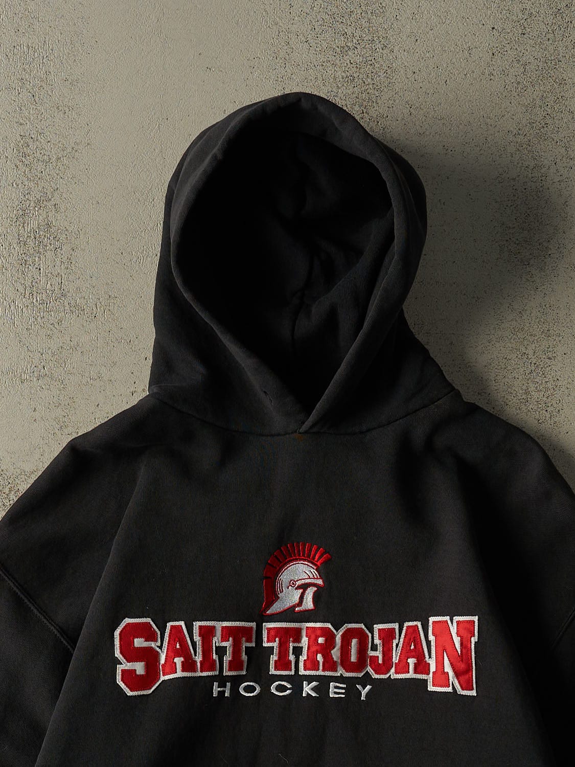 Vintage 90s Black Russell Athletic Sait Trojan Hockey Hoodie (S/M)