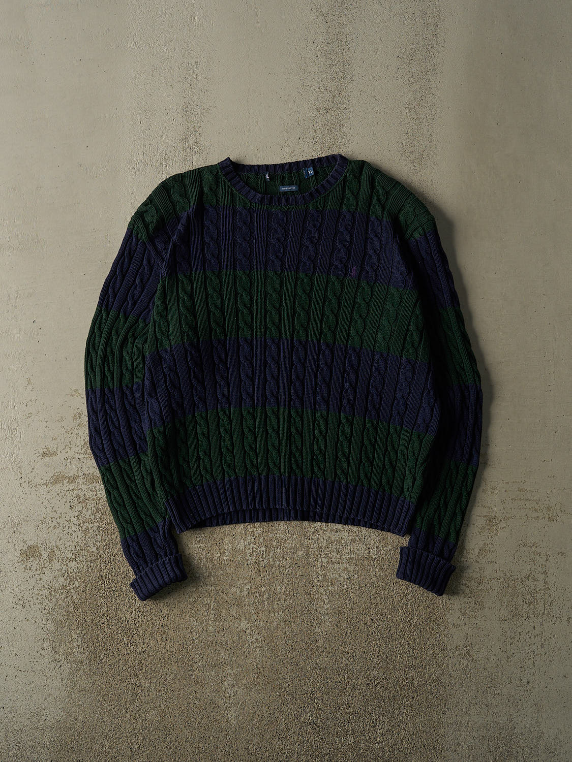Vintage 90s Navy Blue & Green Polo Ralph Lauren Cable Knit (L/XL)