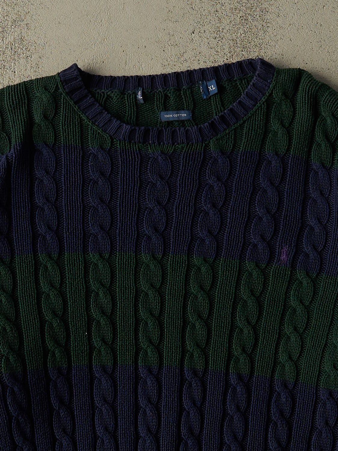 Vintage 90s Navy Blue & Green Polo Ralph Lauren Cable Knit (L/XL)