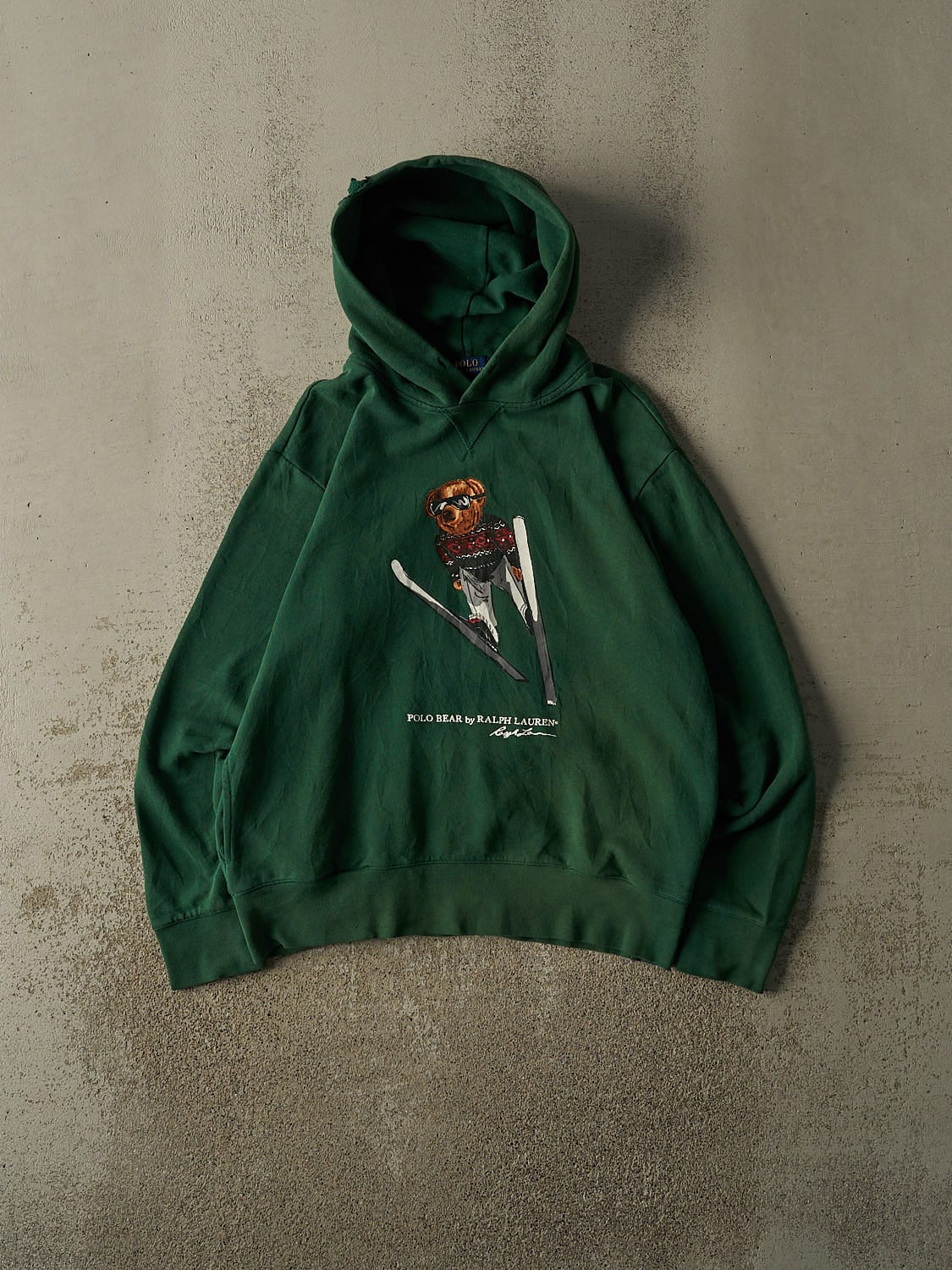 Vintage Y2K Green Polo Ralph Lauren Polo Bear Ski Hoodie (L)