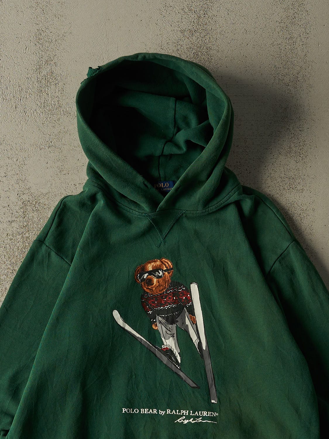 Vintage Y2K Green Polo Ralph Lauren Polo Bear Ski Hoodie (L)