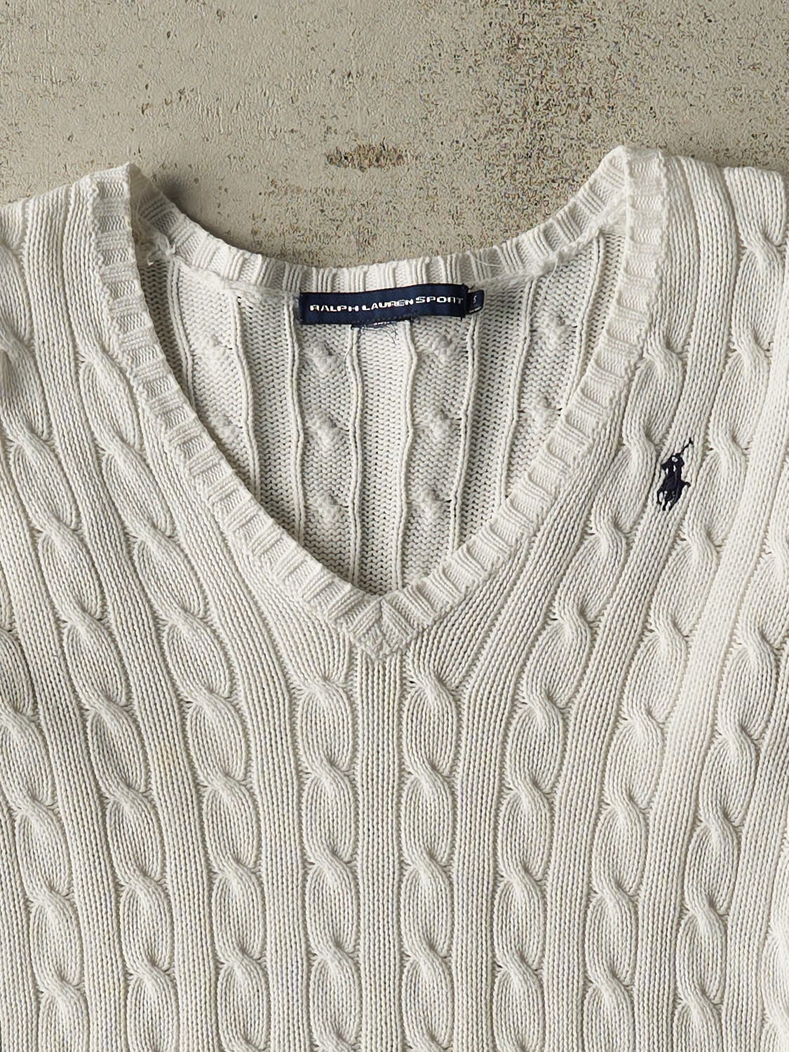 Vintage 90s White Polo Cable Knit Pullover (XXS)
