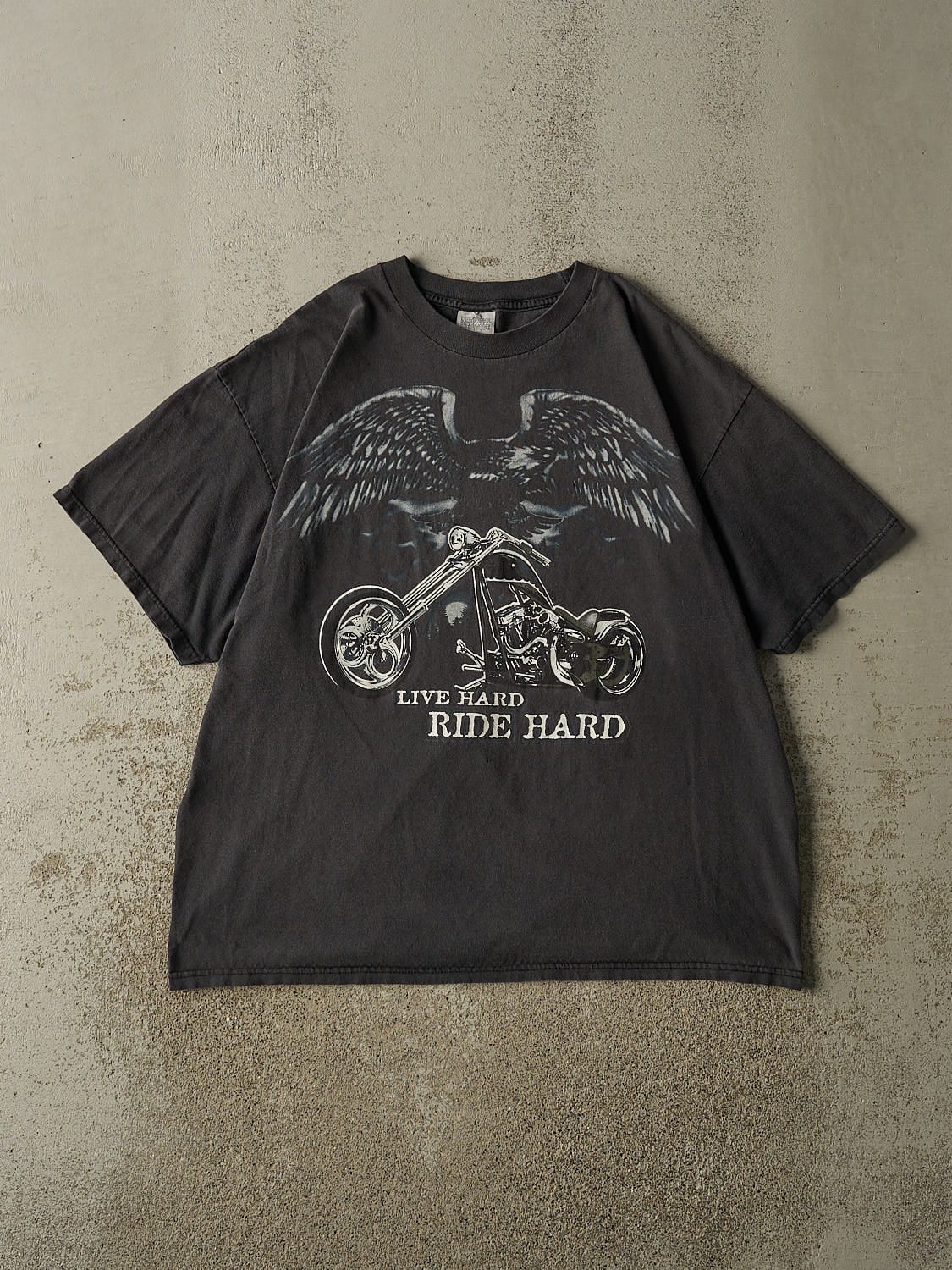 Vintage 90s Faded Black Live Hard Ride Hard Biker Tee (XL)