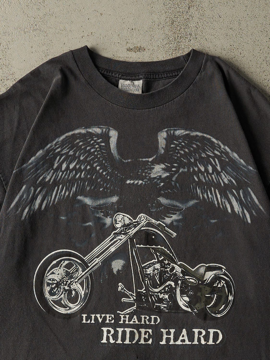 Vintage 90s Faded Black Live Hard Ride Hard Biker Tee (XL)
