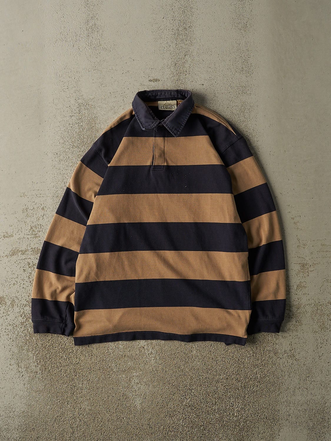Vintage 90s Beige & Navy Striped Quarter Button Long Sleeve (L)