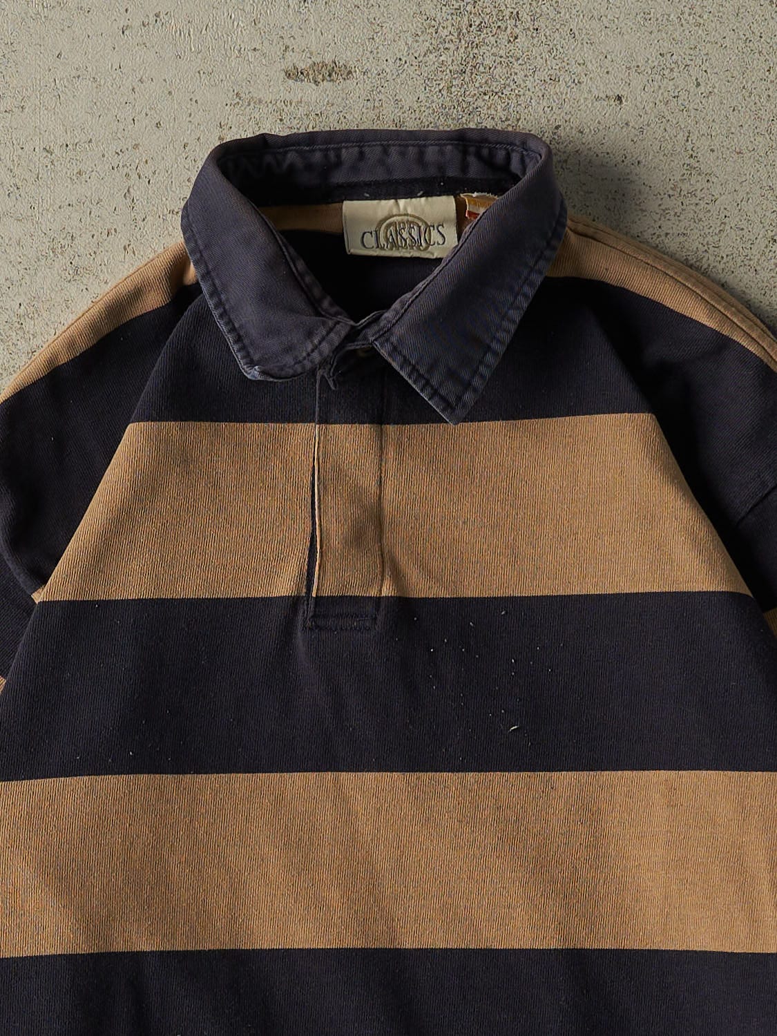 Vintage 90s Beige & Navy Striped Quarter Button Long Sleeve (L)