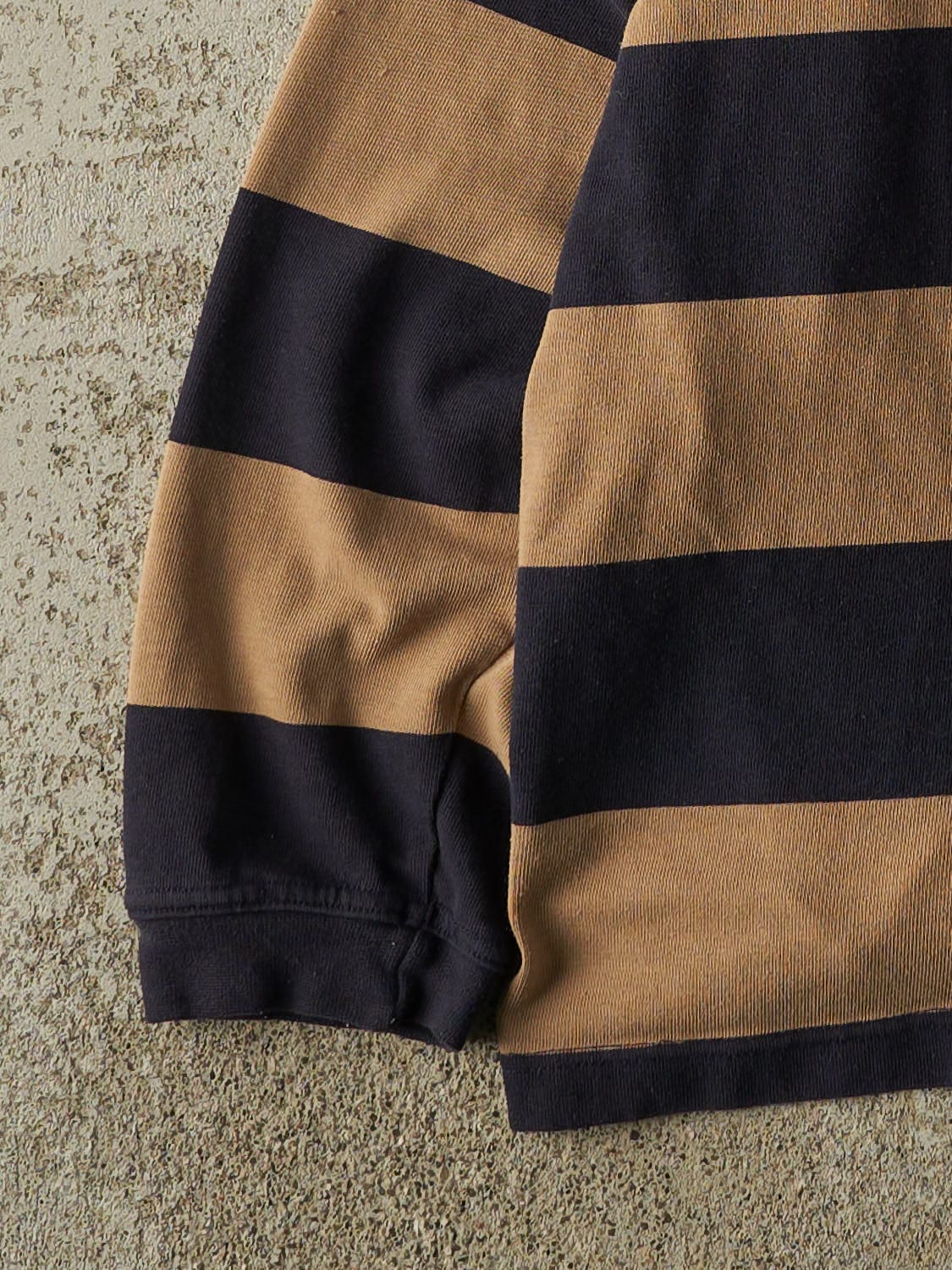 Vintage 90s Beige & Navy Striped Quarter Button Long Sleeve (L)