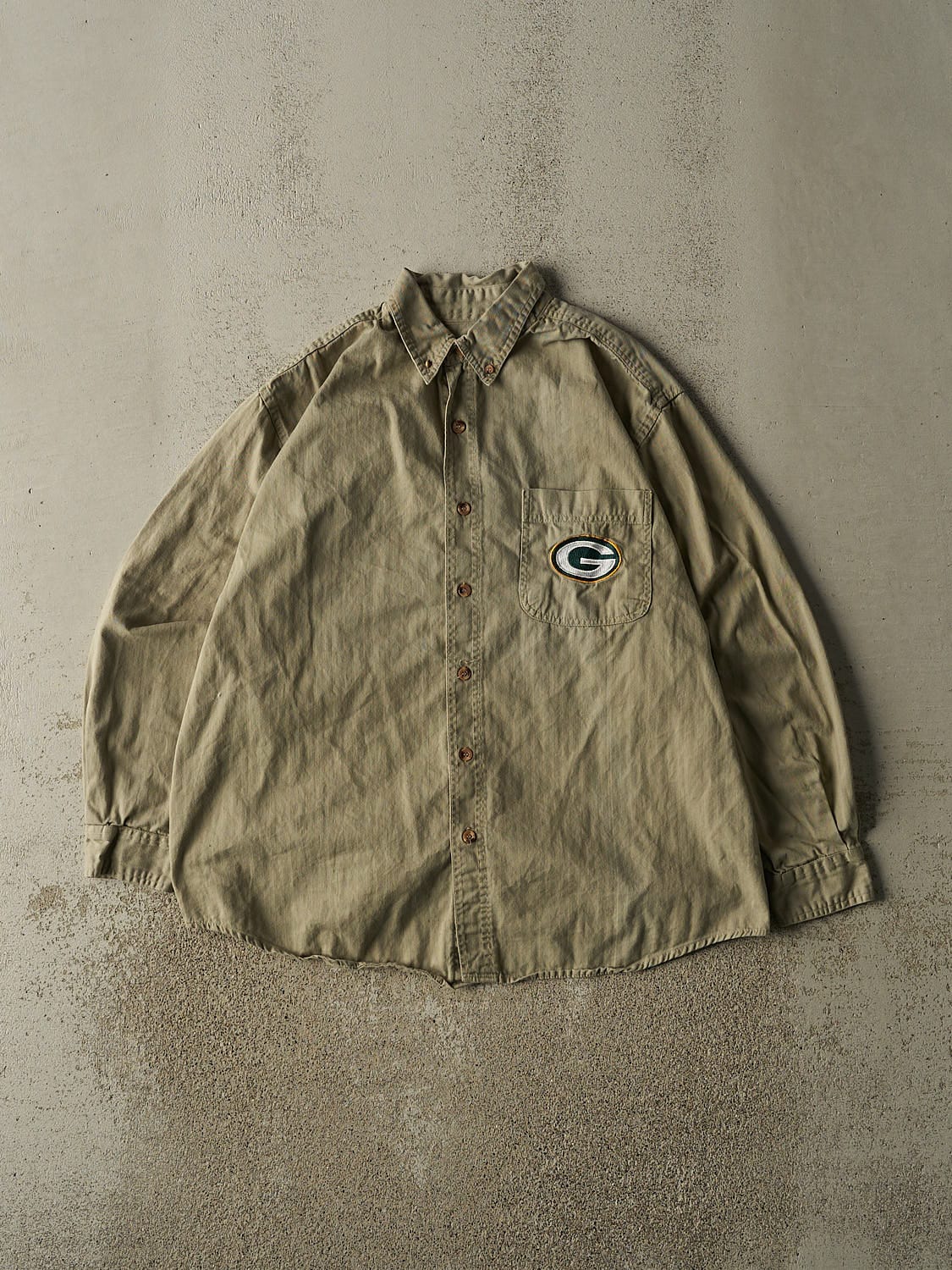 Vintage 90s Beige Green Bay Packers Embroidered Button Up Long Sleeve (XL)