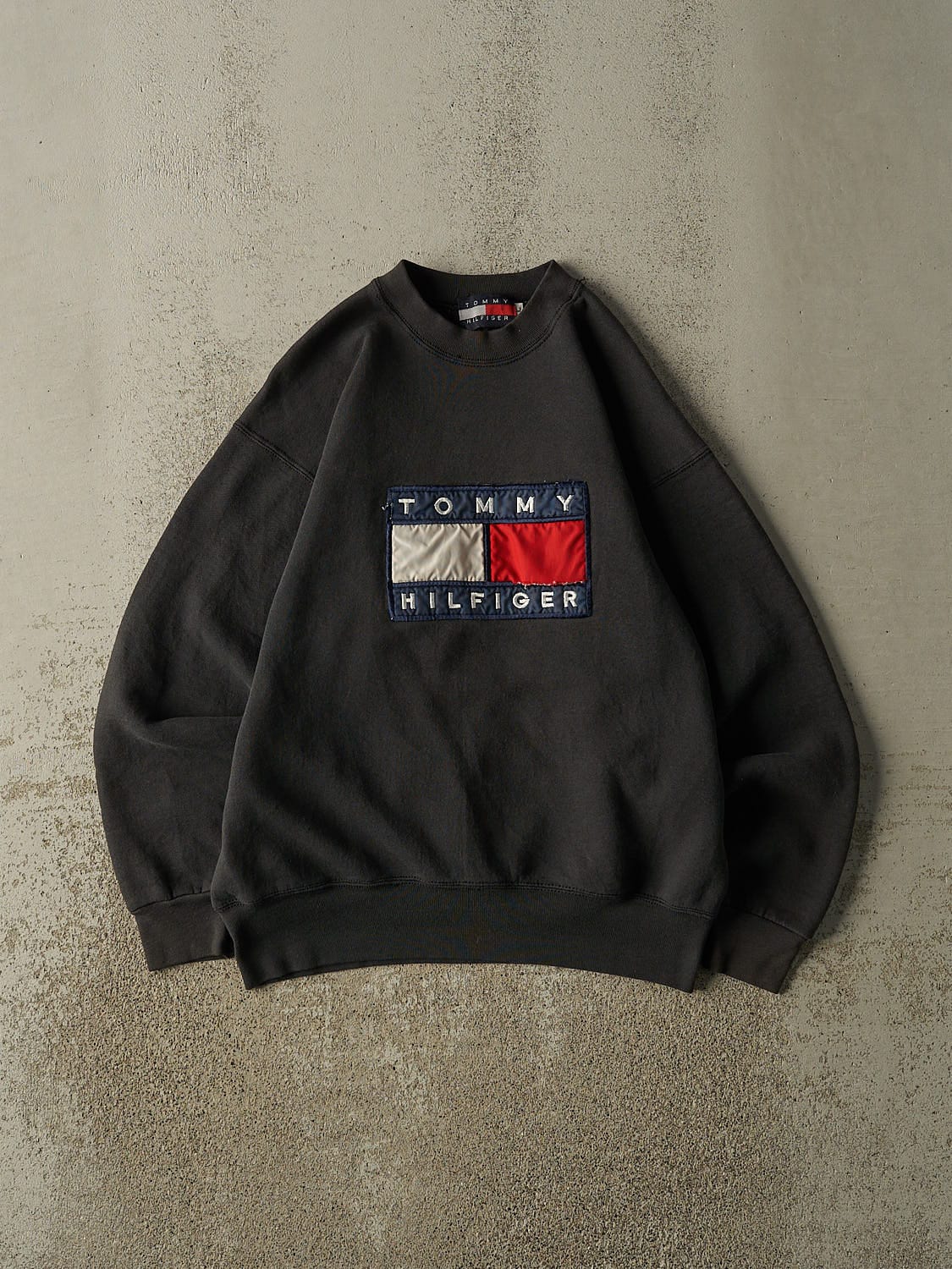 Vintage 90s Faded Black Tommy Hilfiger Embroidered Crewneck (S/M)