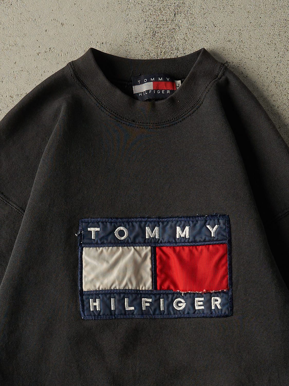 Vintage 90s Faded Black Tommy Hilfiger Embroidered Crewneck (S/M)