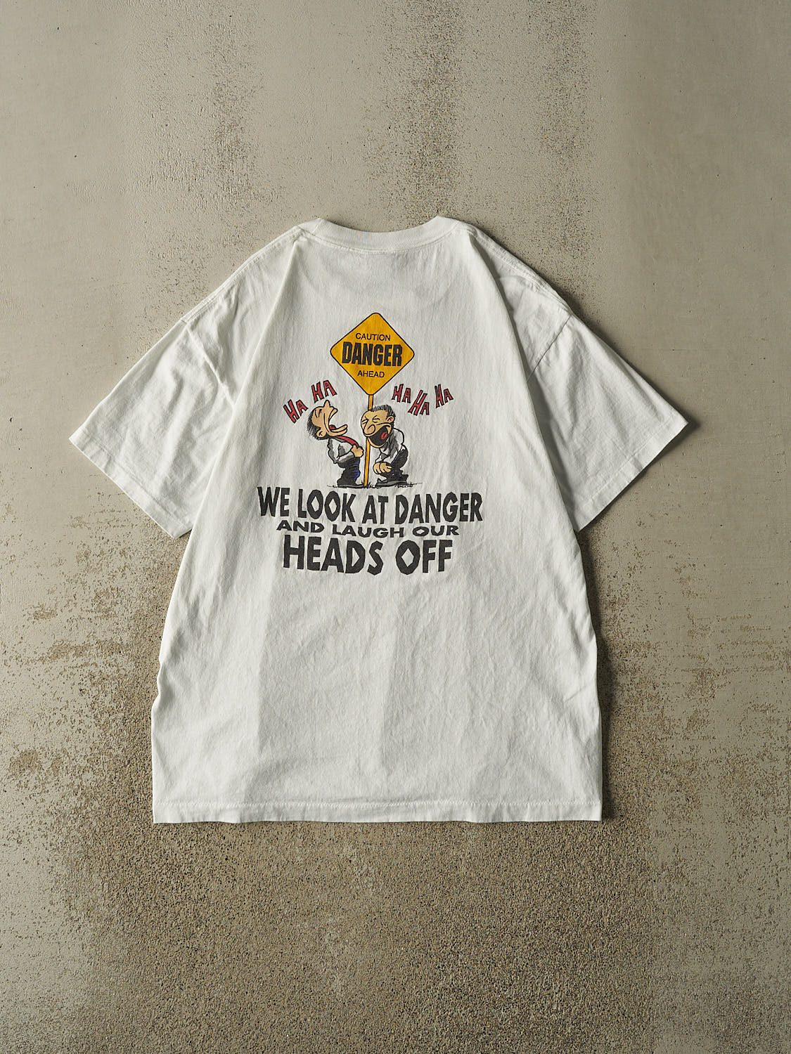 Vintage 90s White No Fear "Look At Danger and Laugh" Tee (L/XL)