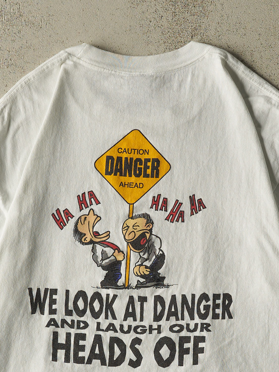 Vintage 90s White No Fear "Look At Danger and Laugh" Tee (L/XL)