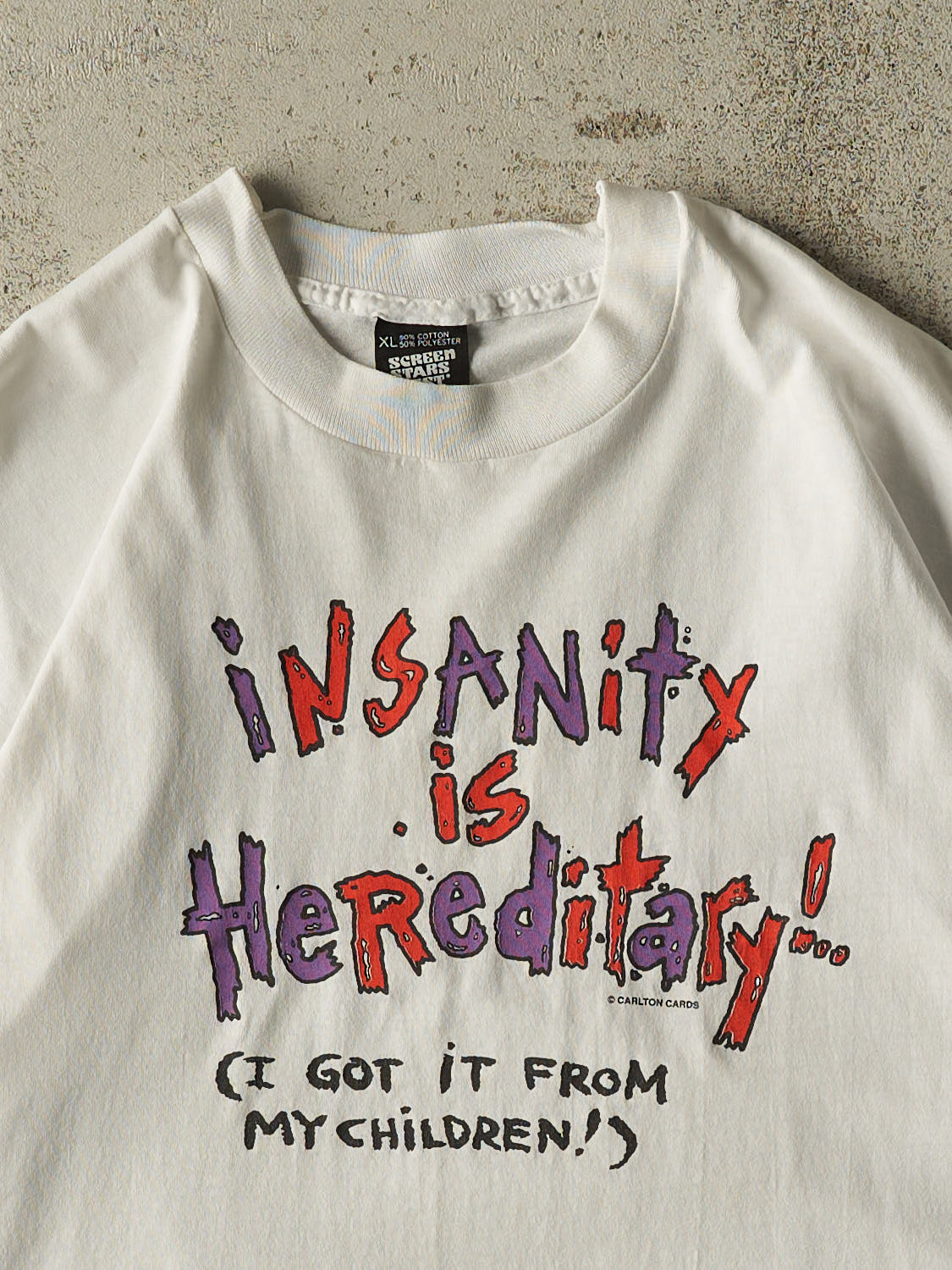 Vintage 90s White "Insanity is Hereditary" Single Stitch Tee (L/XL)