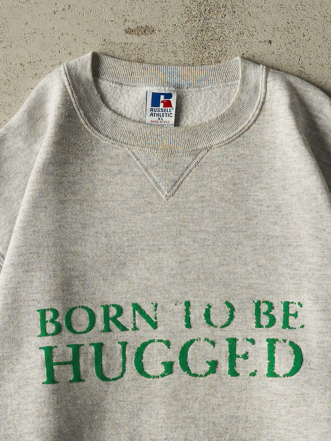 Vintage 90s Heather Grey Russell Athletic "Born To Be Hugged" Crewneck (L/XL)