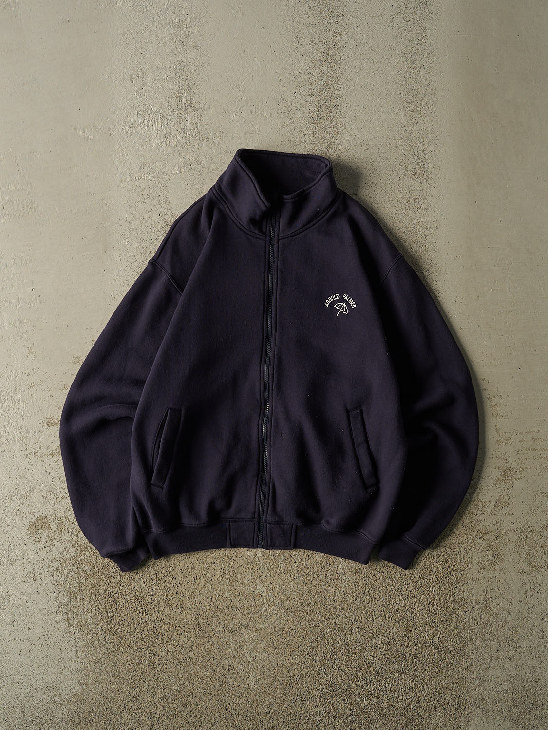 Vintage 90s Navy Blue Arnold Palmer Embroidered Zip Up Sweater (M)
