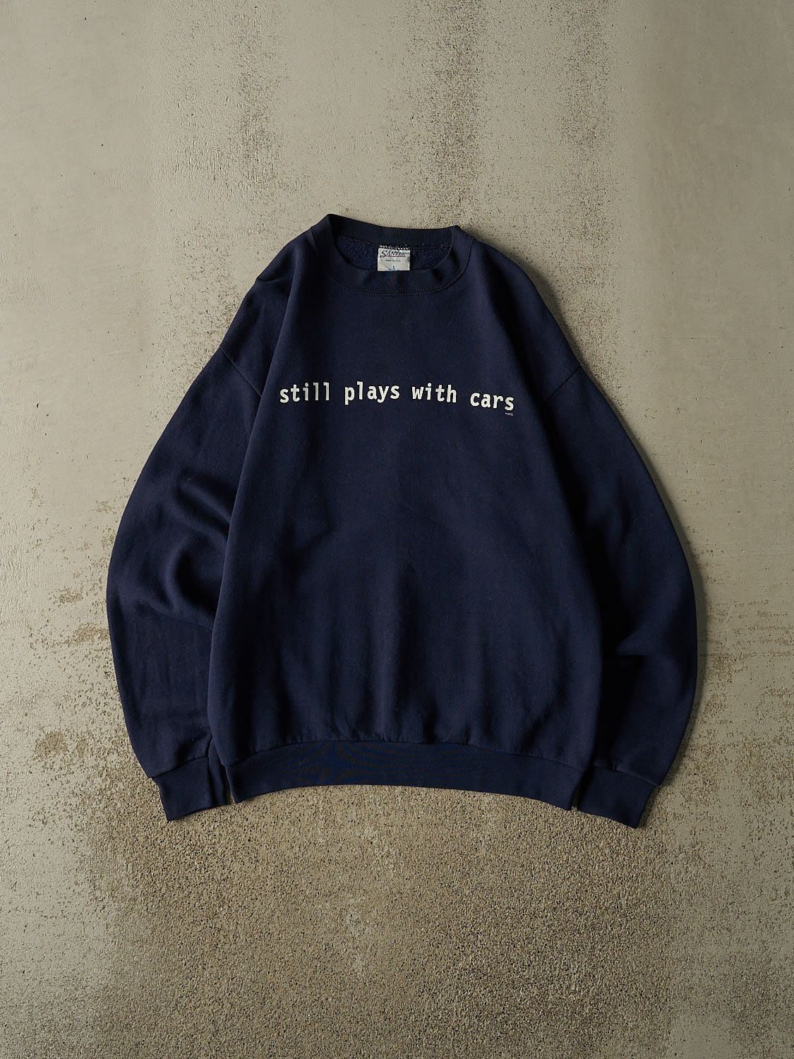 Vintage 90s Navy Blue "Still Plays With Cars" Crewneck (M/L)
