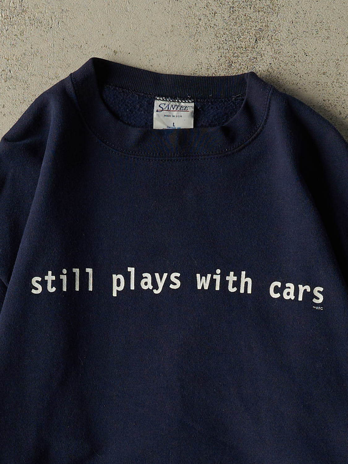 Vintage 90s Navy Blue "Still Plays With Cars" Crewneck (M/L)