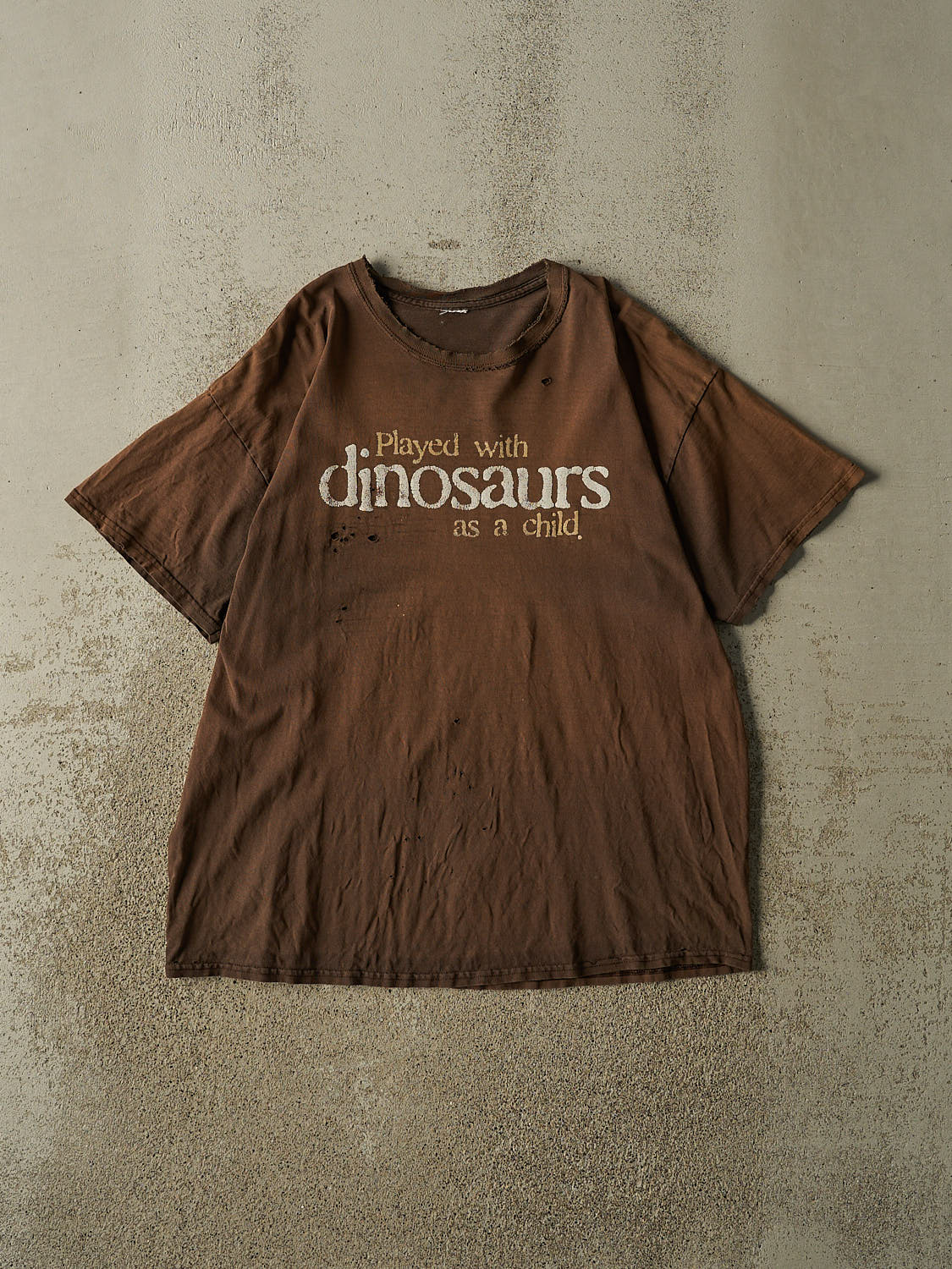 Vintage 90s Sun Faded Brown "Played With Dinosaurs" Tee (L)