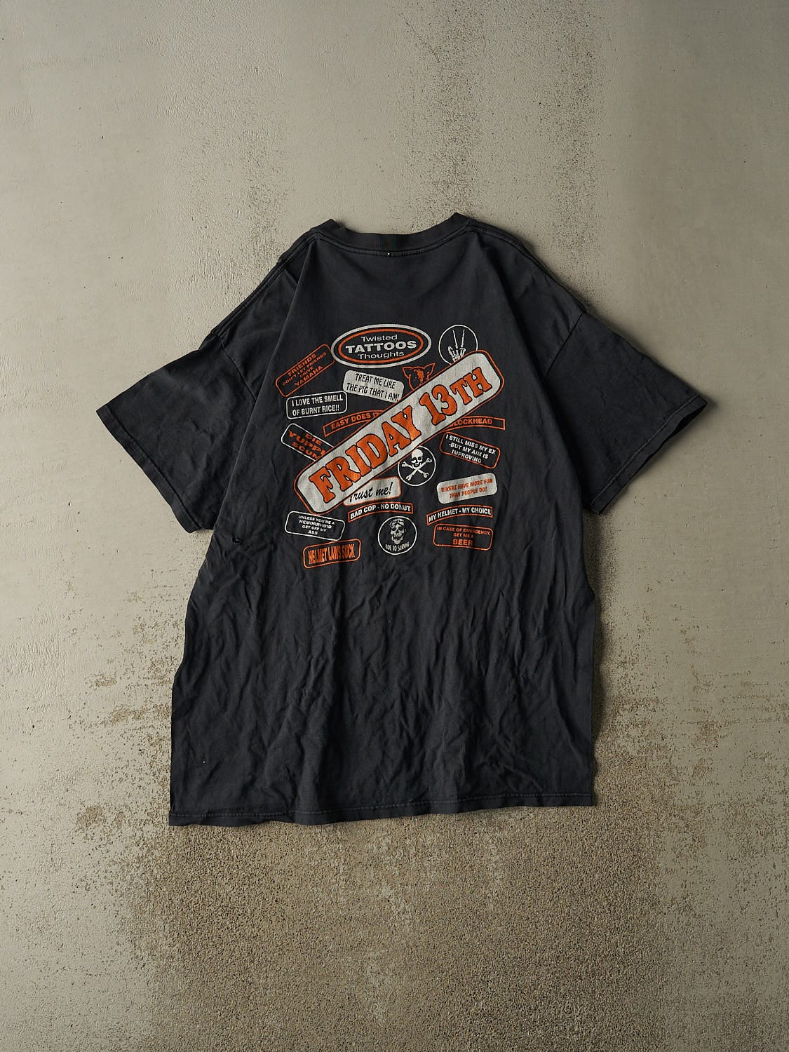 Vintage 02' Faded Black Port Dover Friday the 13th Biker Tee (XXL)