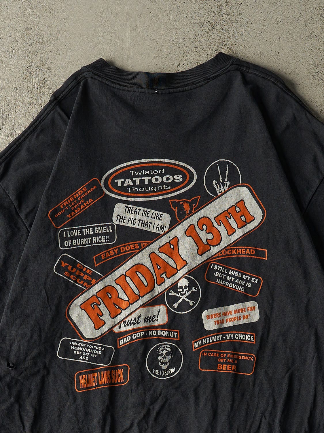 Vintage 02' Faded Black Port Dover Friday the 13th Biker Tee (XXL)