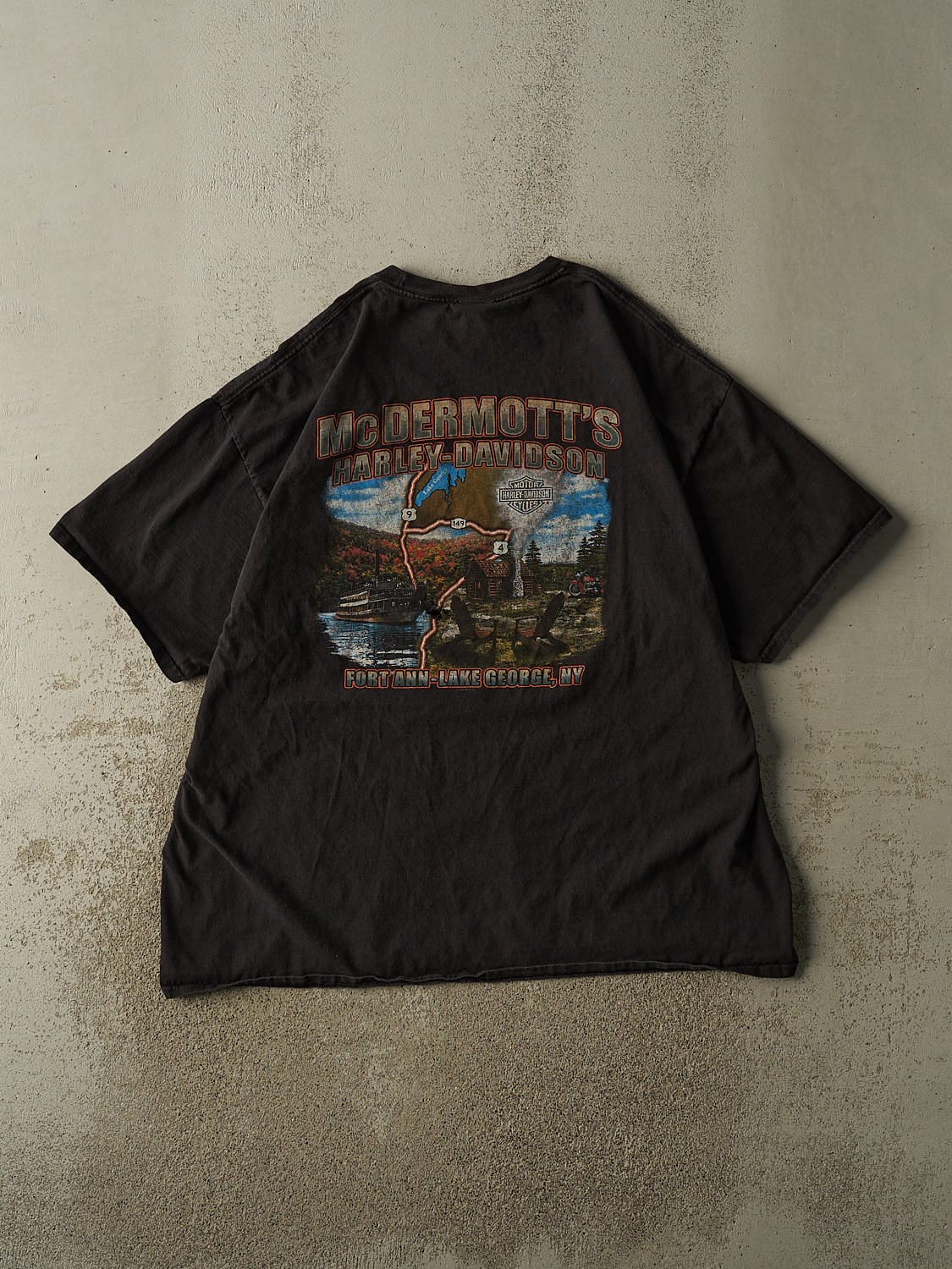 Vintage 16' Black Harley Davidson Fort Ann-Lake George NY Pocket Tee (XL/XXL)