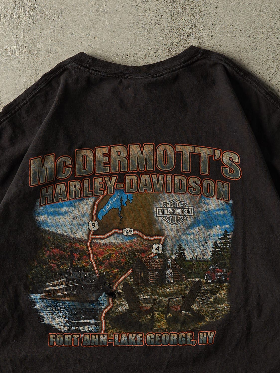 Vintage 16' Black Harley Davidson Fort Ann-Lake George NY Pocket Tee (XL/XXL)