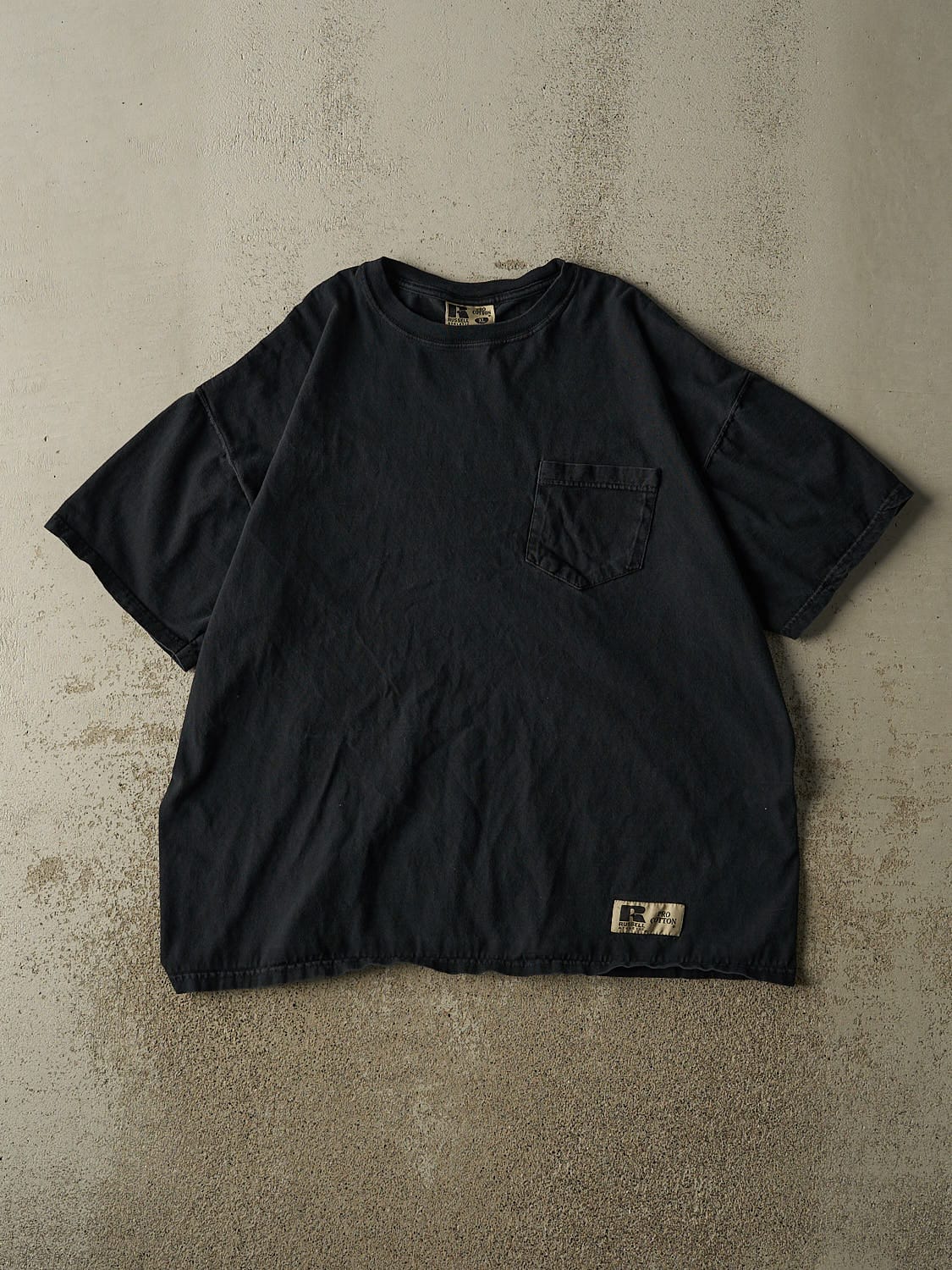 Vintage 90s Faded Black Russell Athletic Pocket Tee (L/XL)