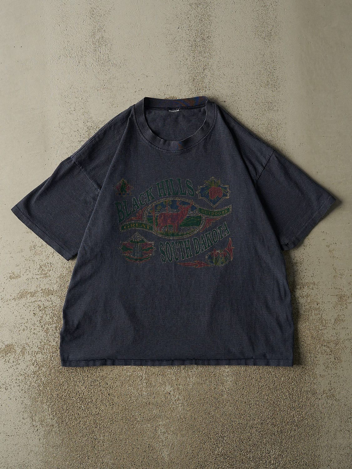 Vintage 80s Navy Blue Striped Black Hills South Dakota Tee (L)