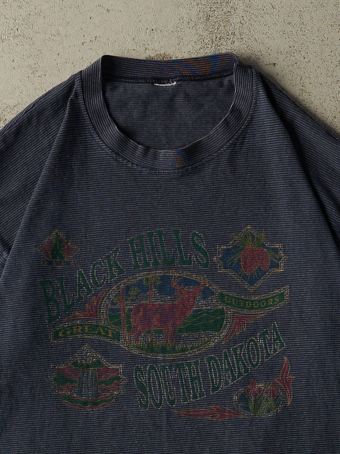 Vintage 80s Navy Blue Striped Black Hills South Dakota Tee (L)