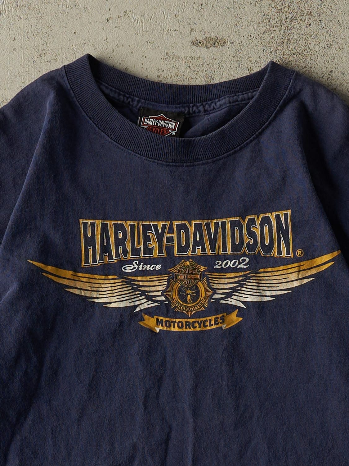 Vintage 02' Navy Blue Harley Davidson Firefighter Tee (S/M)