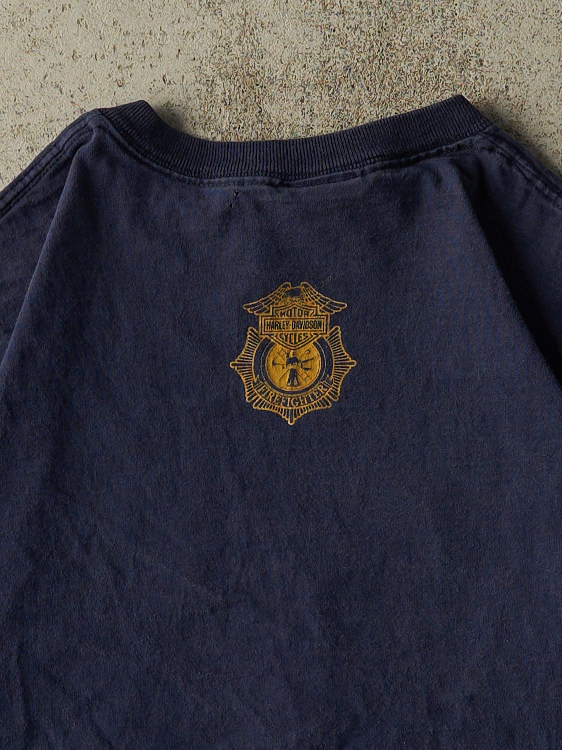 Vintage 02' Navy Blue Harley Davidson Firefighter Tee (S/M)