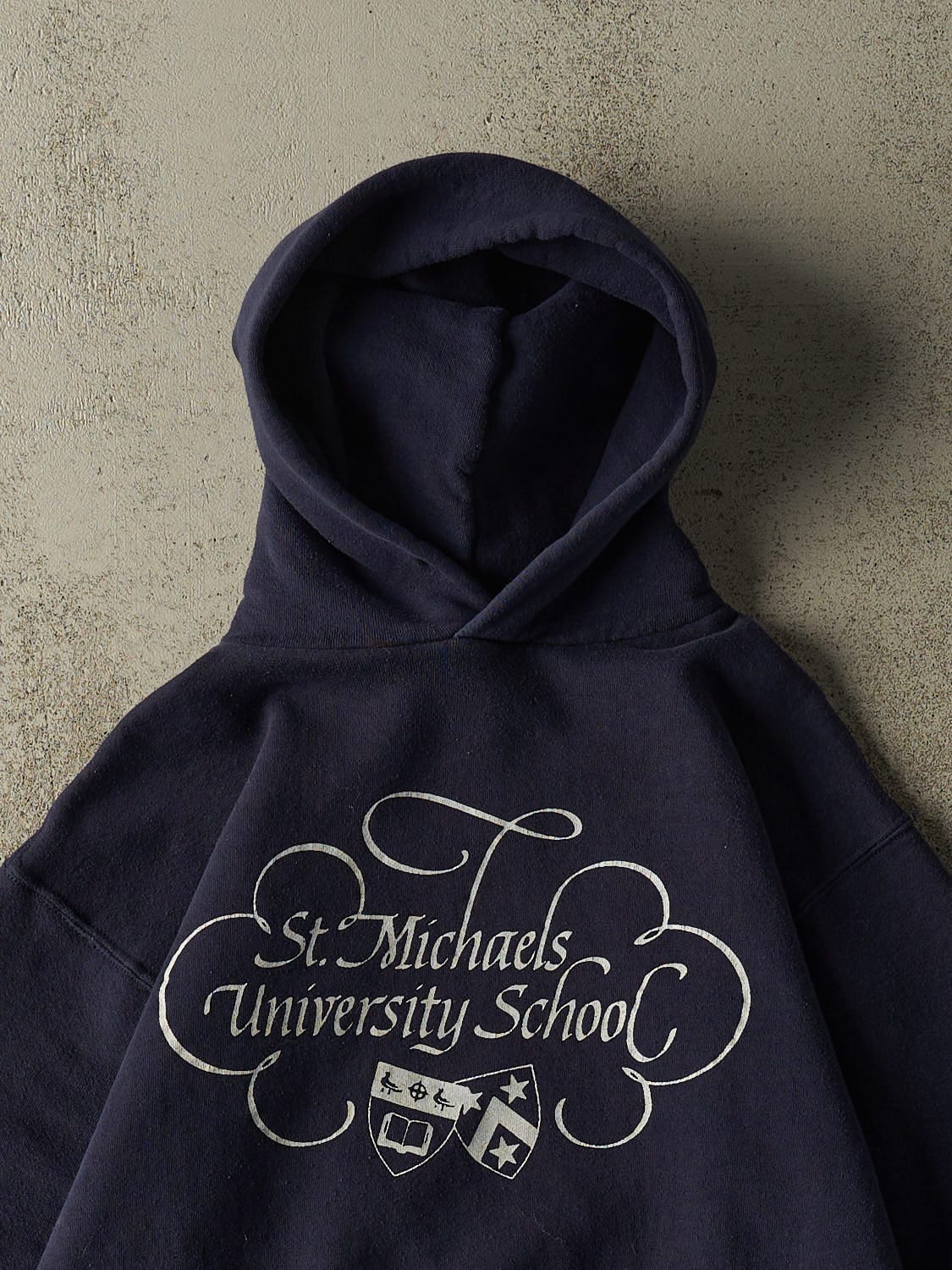 Vintage 80s Navy Blue Russell Athletic St. Michaels University Hoodie (S/M)