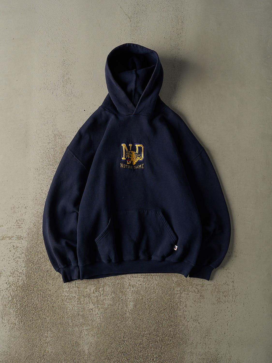 Vintage 90s Navy Blue Notre Dame Embroidered Russell Athletic Hoodie (L)