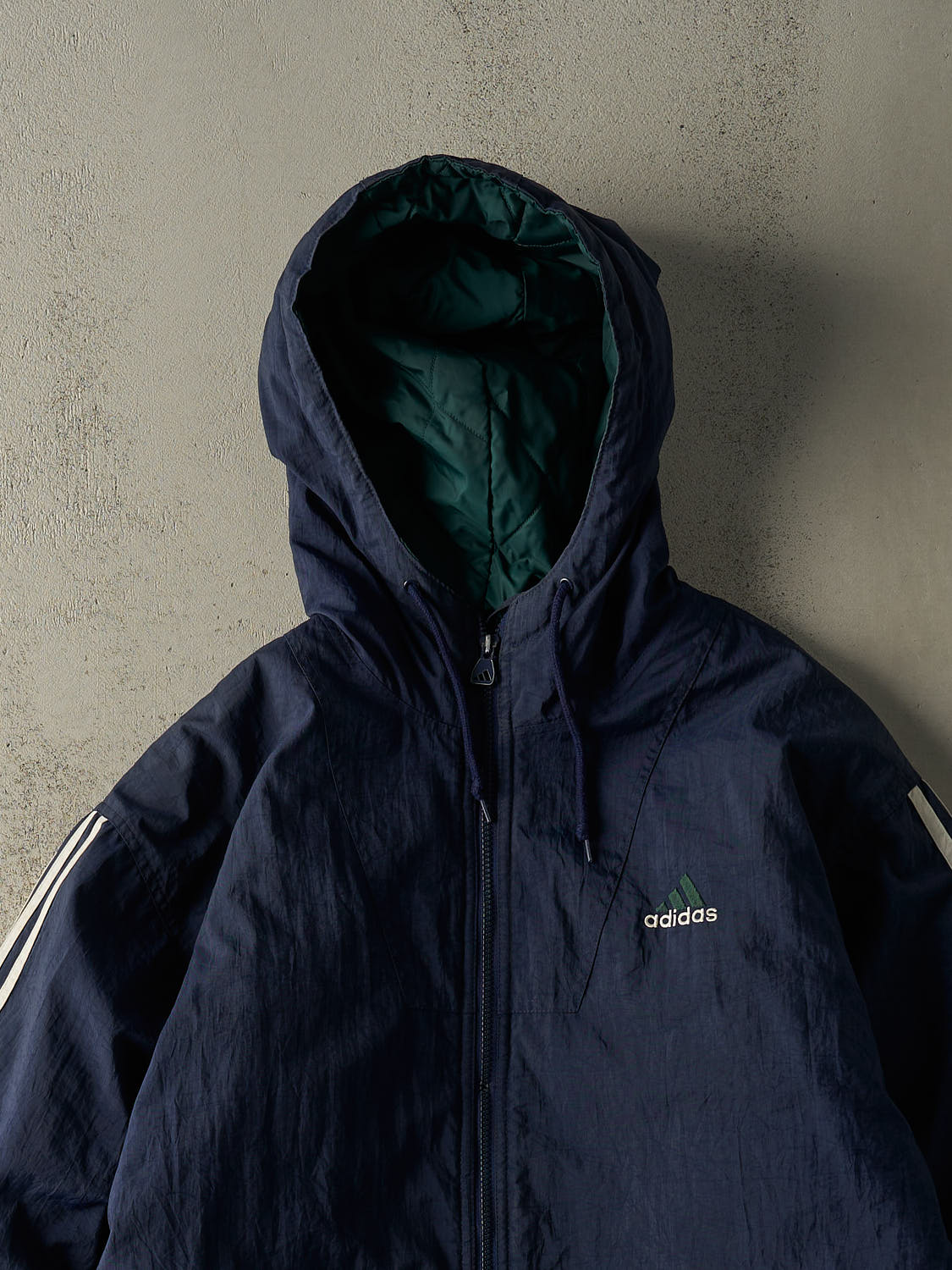 Vintage 90s Navy Blue & Green Adidas Zip Up Puffer Jacket (L/XL)