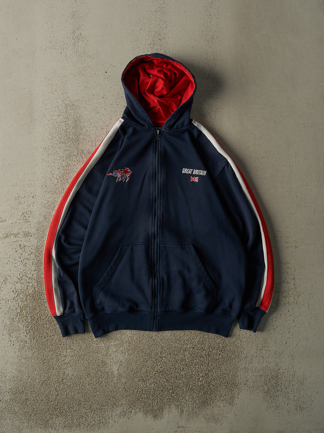 Vintage 90s Navy Blue Great Britain Embroidered Zip Up Hoodie (M/L)