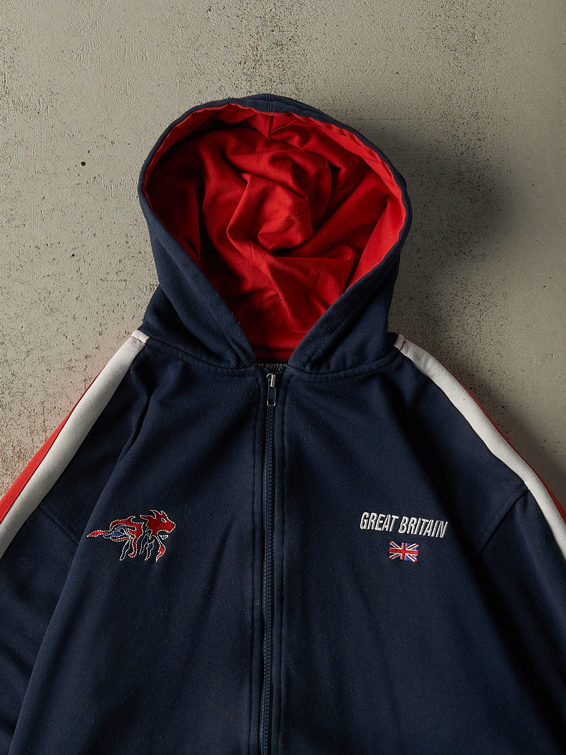Vintage 90s Navy Blue Great Britain Embroidered Zip Up Hoodie (M/L)