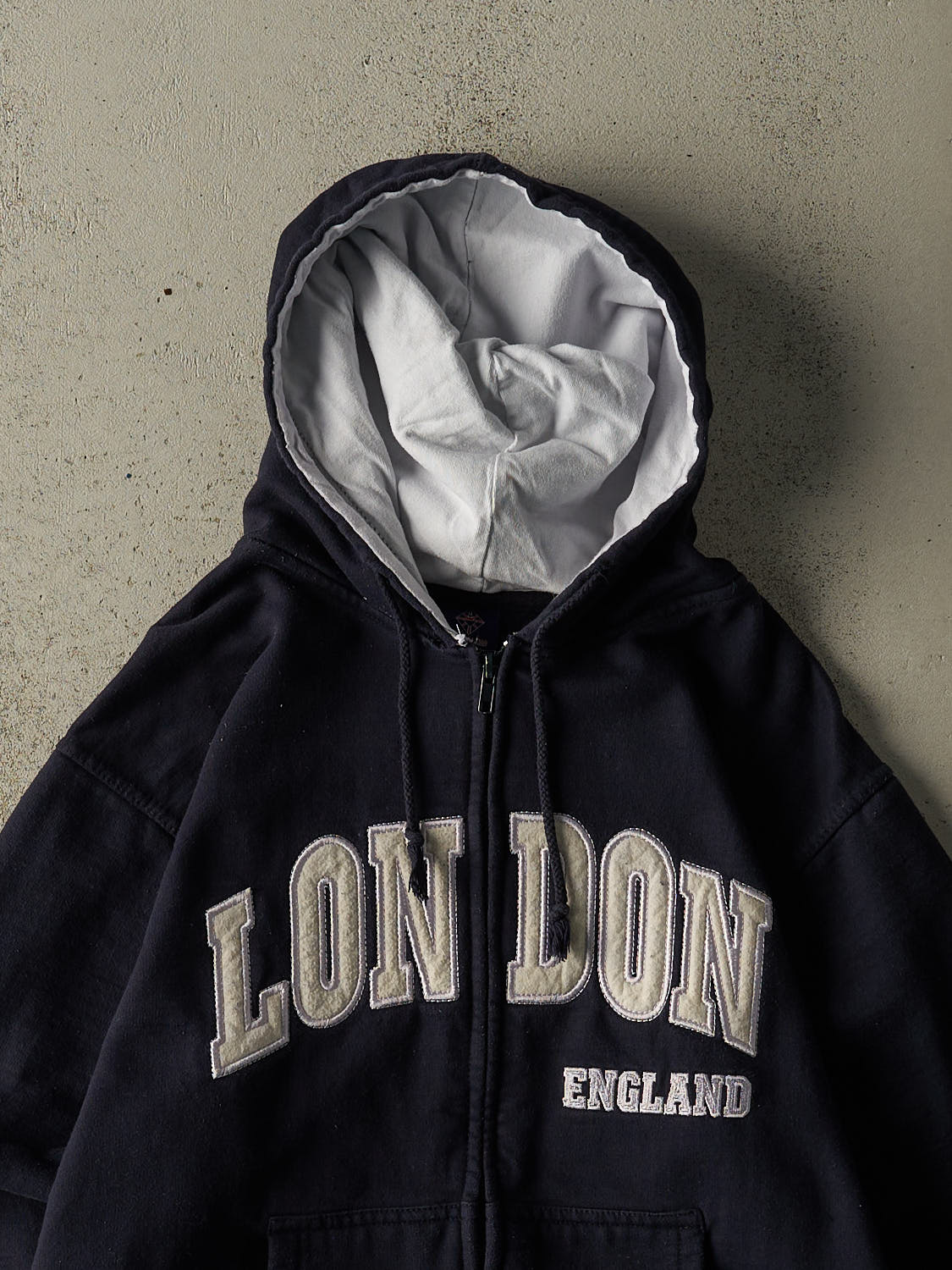 Vintage Y2K Navy Blue London England Embroidered Zip Up Hoodie (XS