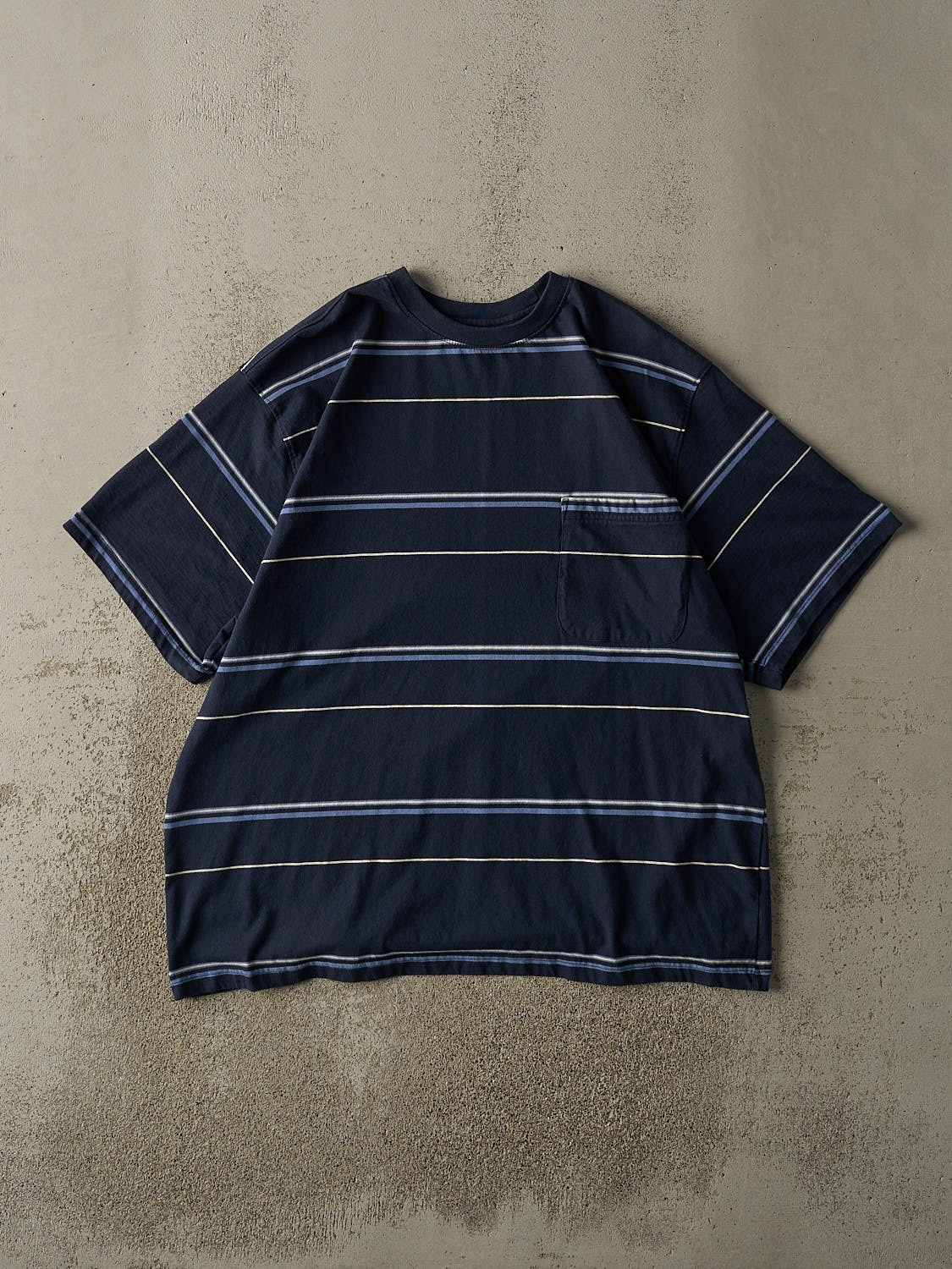 Vintage 90s Navy Blue & White Striped Pocket Tee (XL)