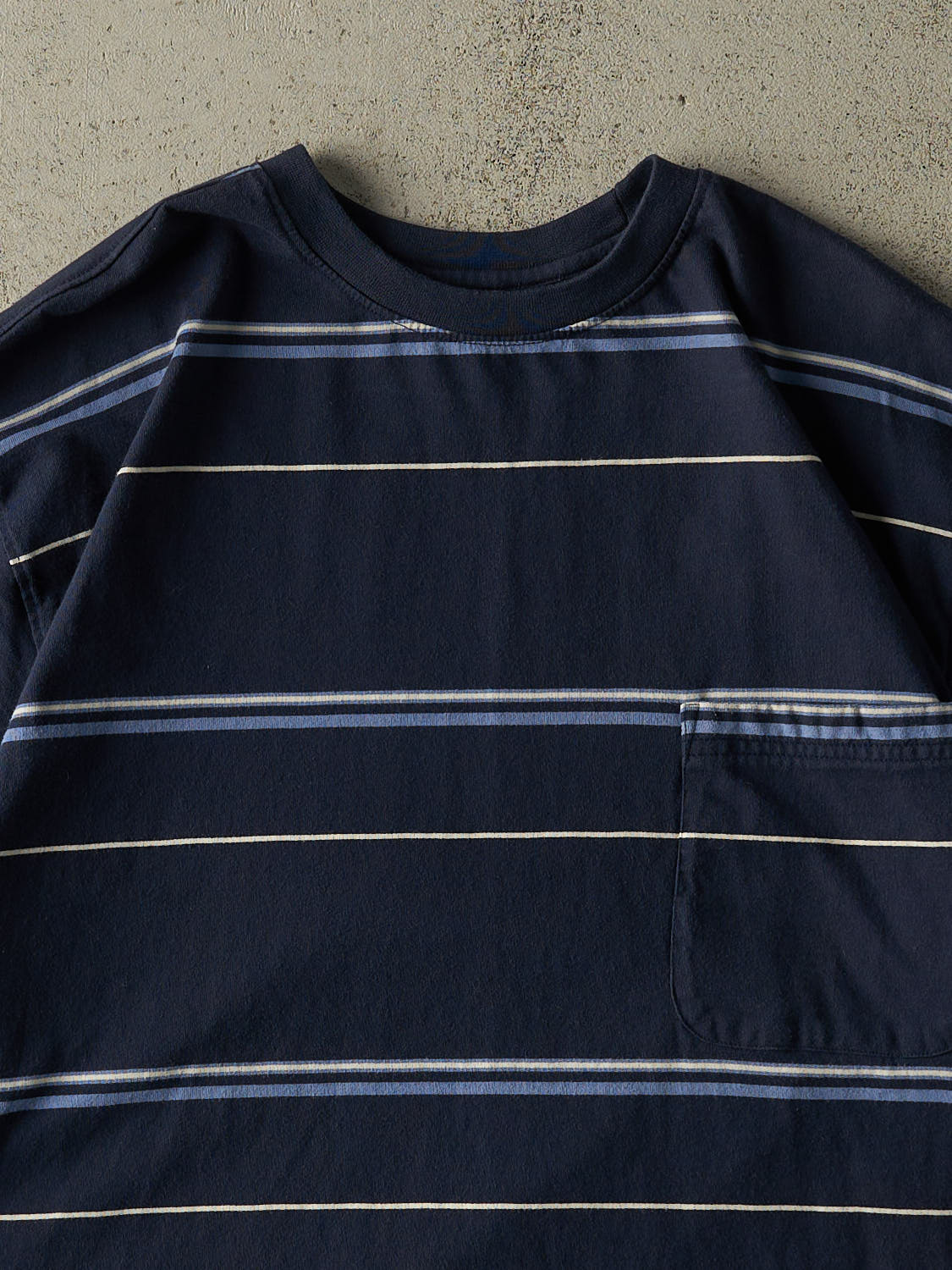 Vintage 90s Navy Blue & White Striped Pocket Tee (XL)