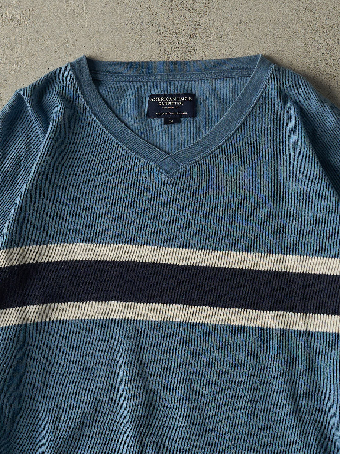 T-Shirt Vintage American Eagle - Taille XXL 2XL - Bleu - Maille Waffle Thermique - Logo - Occasion Très Bon État