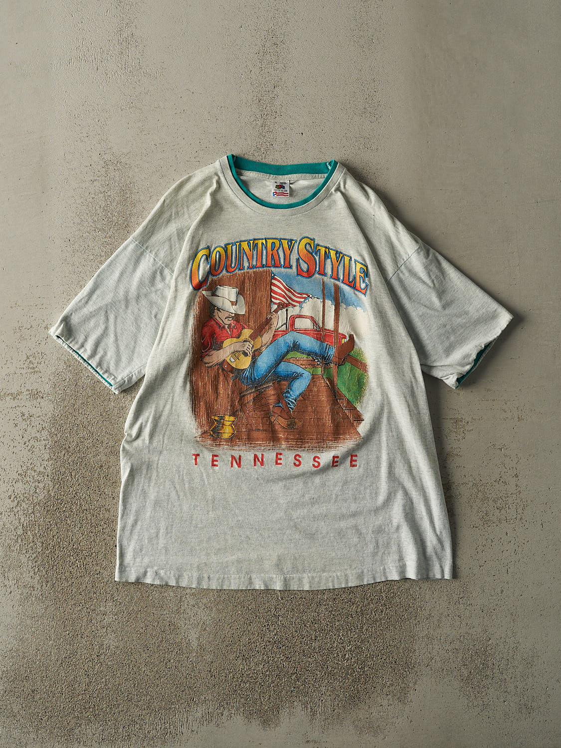 Vintage 90s Heather Grey Country Style Tennessee Double Neck Tee (XL)