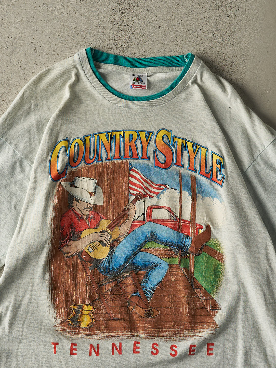 Vintage 90s Heather Grey Country Style Tennessee Double Neck Tee (XL)