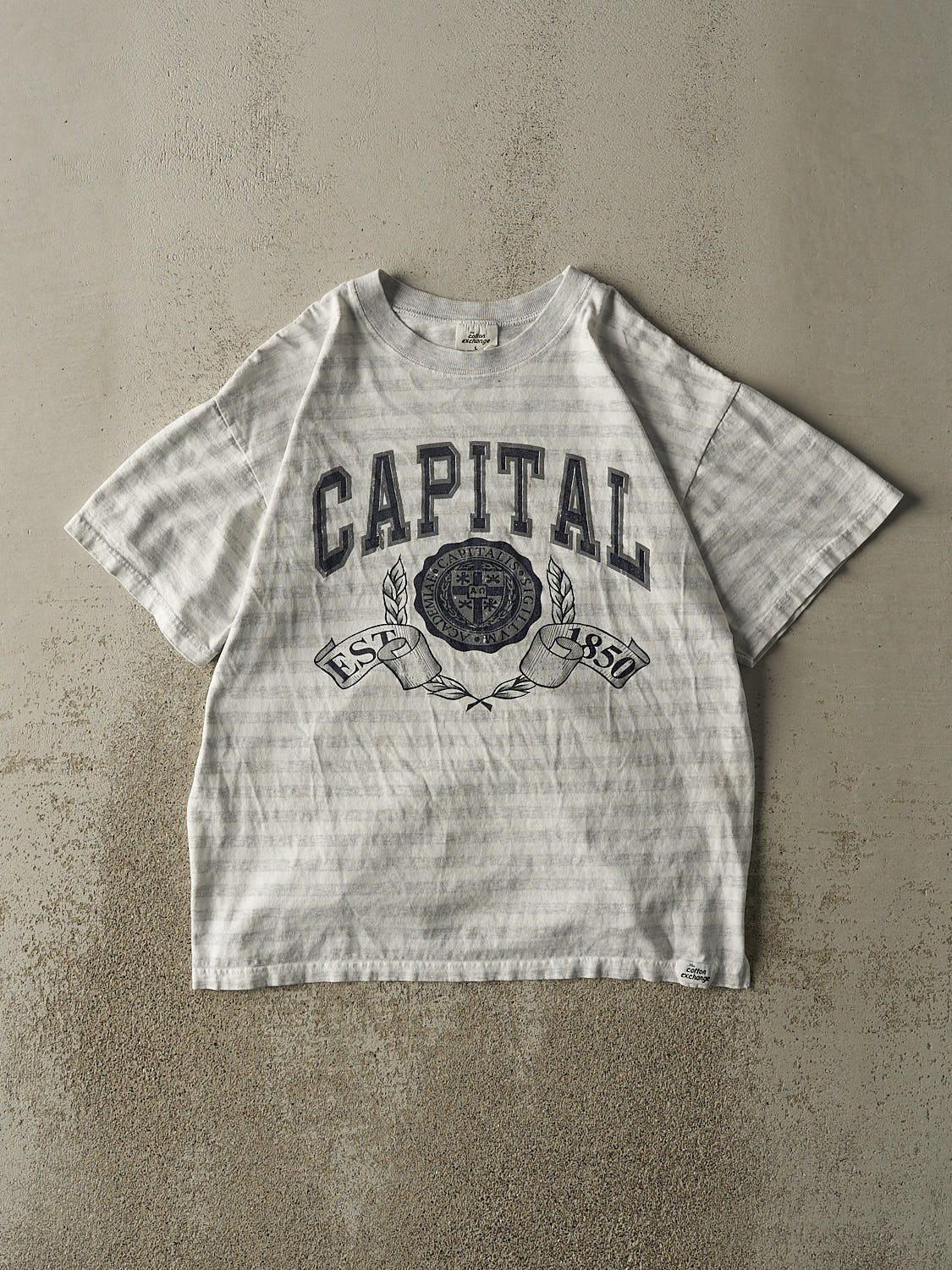 Vintage 90s Grey & White Capital Striped Tee (L/XL)