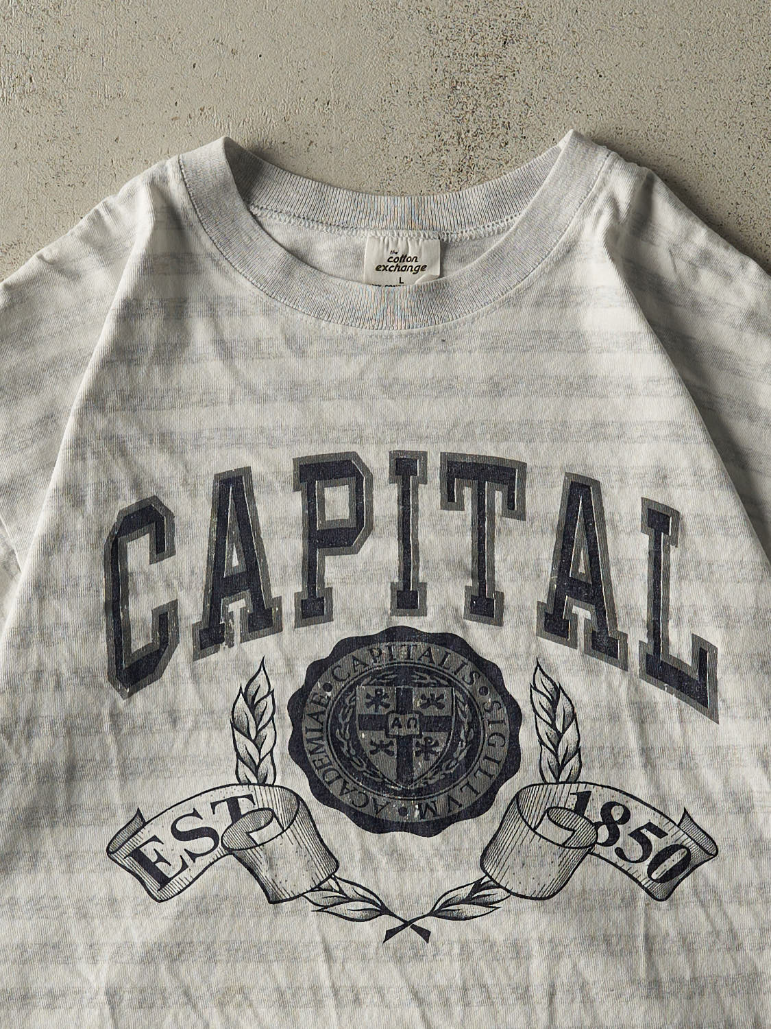 Vintage 90s Grey & White Capital Striped Tee (L/XL)