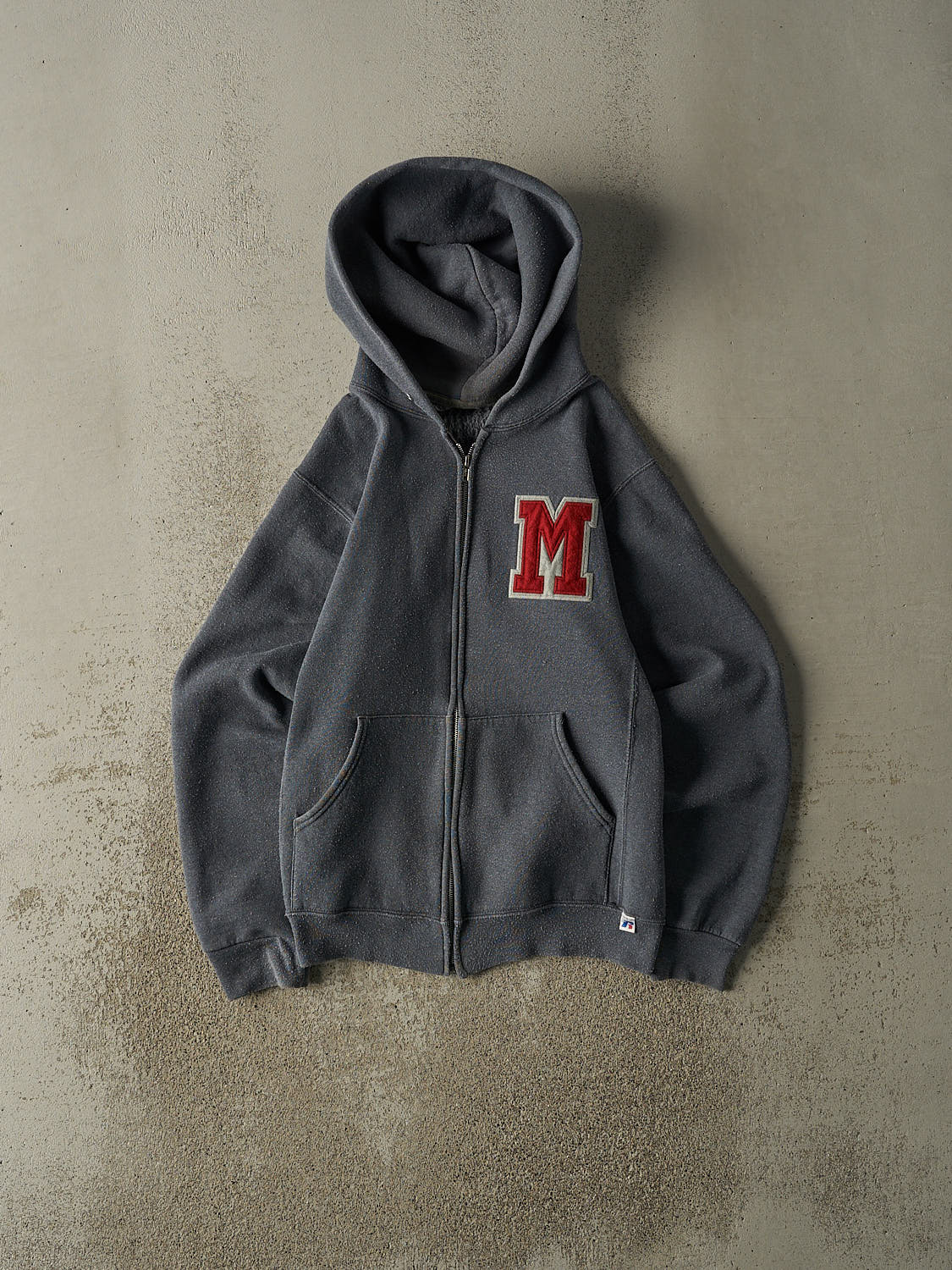 Vintage Y2K Charcoal Grey Russell Athletic Embroidered Zip Up Hoodie (XS/S)