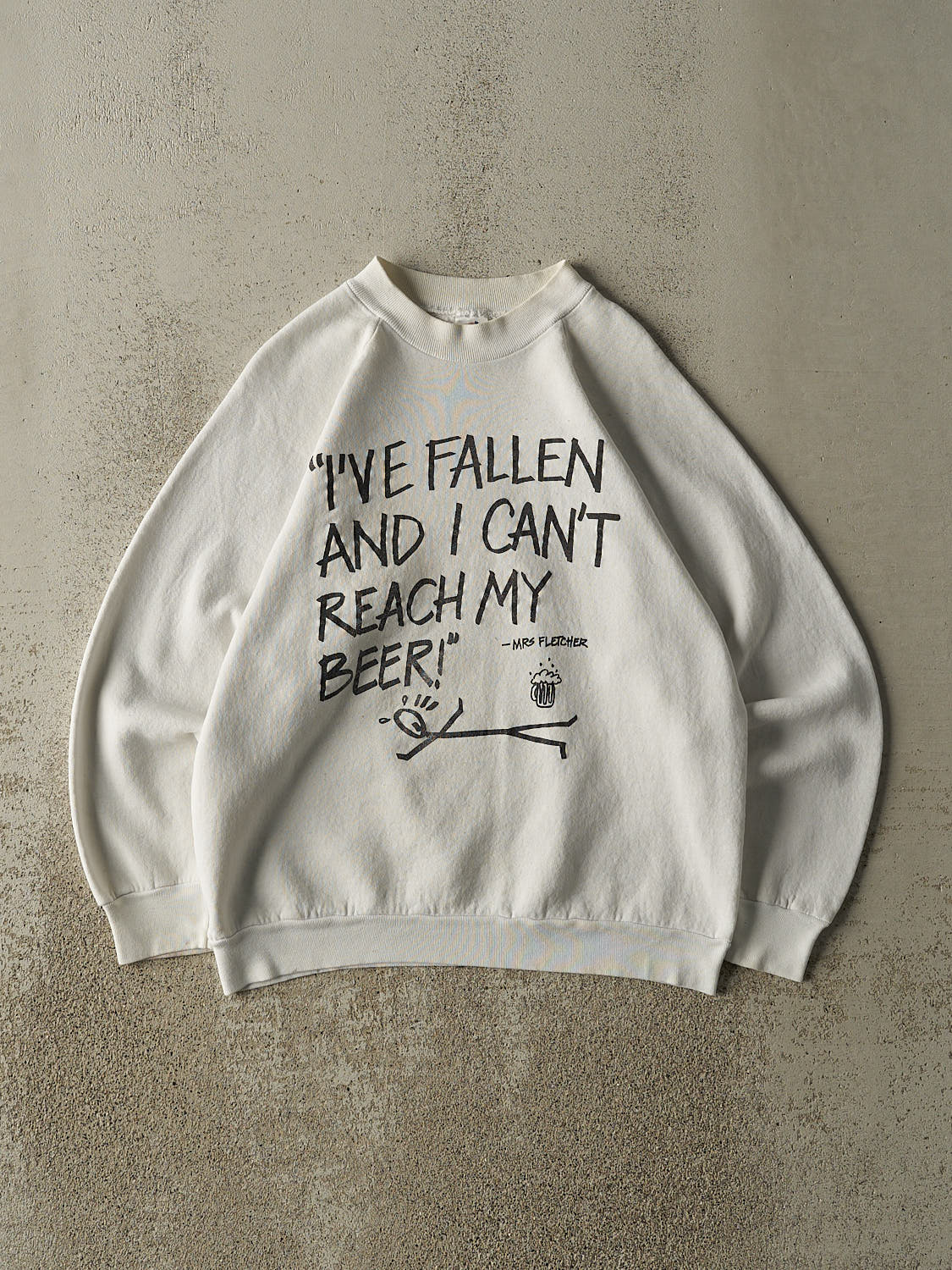 Vintage 80s White "I've Fallen and I Can't Reach My Beer" Slogan Crewneck (M)