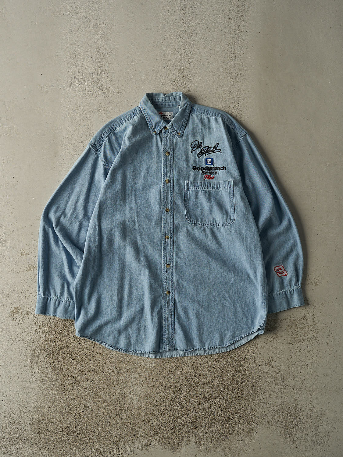 Vintage 90s Light Wash Dale Eanhardt Embroidered Denim Button Up Long Sleeve (XXL)