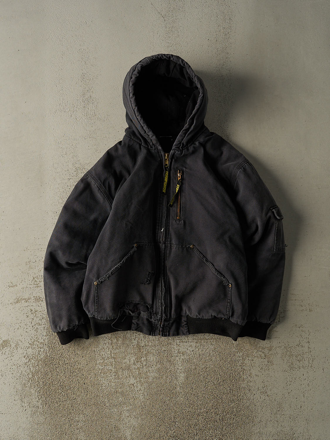 Vintage Y2K Faded Black Zip Up Hooded Work Jacket (M) – Rebalance