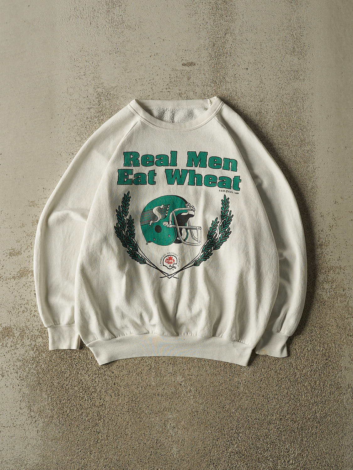 Vintage 89' White Saskatchewan Roughriders "Real Men Eat Wheat" Crewneck (S)