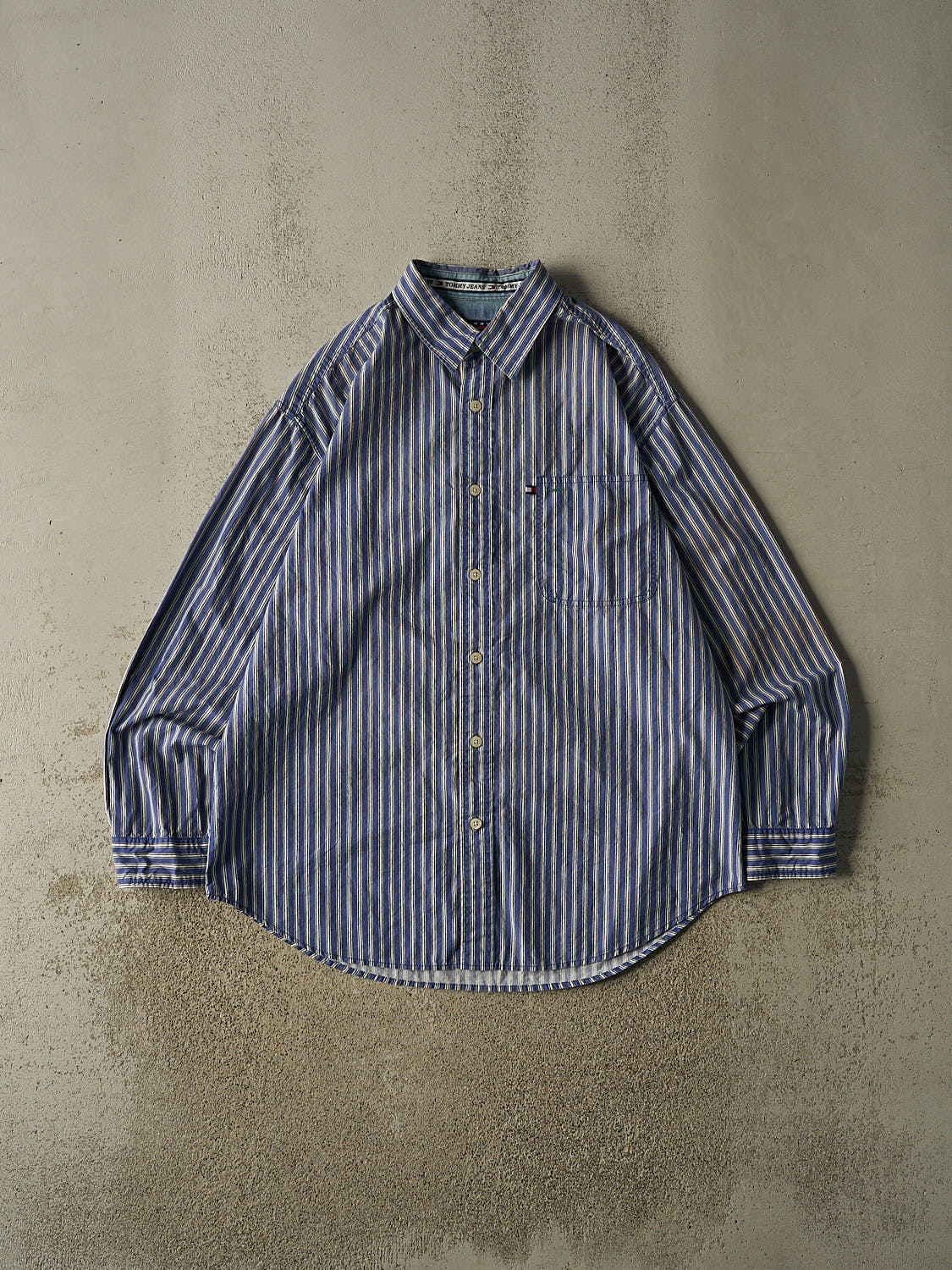 Vintage 90s Blue Tommy Hilfiger Striped Button Up Long Sleeve (XL)